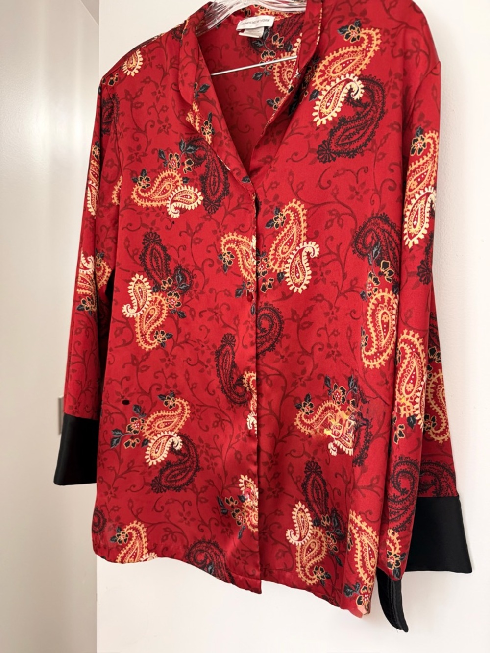 Jones New York Red Paisley Button-Down Shirt with Black Matching Satin Pants